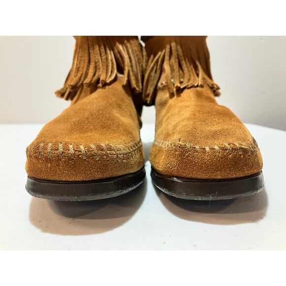 Minnetonka Brown Suede Fringe Back Zip Ankle Bootie Moccasin Shoes Size 7 - Picture 5 of 10